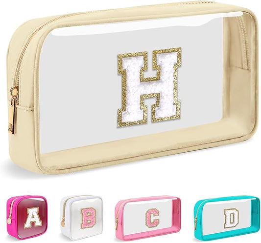 Small Clear Personalized Initial Makeup Bag,Nylon Preppy A-Z Chenille Letter Patch Cosmetic Pouch Beach Toiletry Bag,Waterproof Zipper Travel Purse Storage Bag Organizer for Women Girls(Beige-White H)