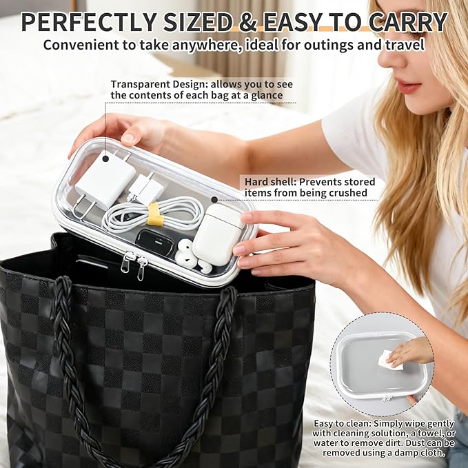 2PCS Clear Electronics Organizer Travel Case, Waterproof Tech Pouch, Cable Storage with 8 Wire Ties, Travel Portable Hard Shell Zipper Cases for Cord, Phone, Airpods, Mouse, Medium & Small