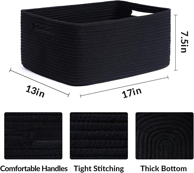 MiniArk Large Storage Baskets for Shelves, Closet Organizers Bins for Clothes Blanket Towels, Baby Nursery, Toy Baskets Box, Woven Rope Baskets, 17 x 13 x 7.5”, 2 Packs Black