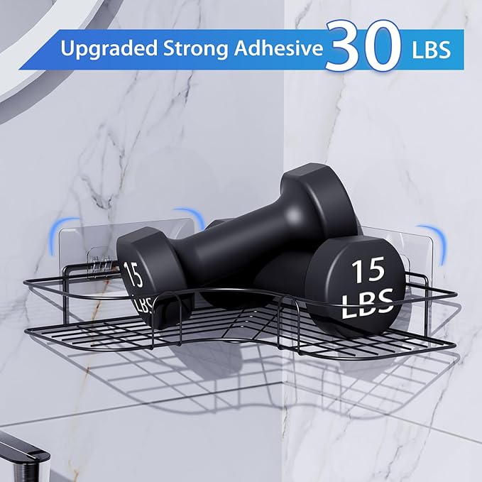 Corner Shower Caddy, 2 Pack Adhesive Shower Corner Organizer Shelves, No Drilling Stainless Steel Shower Storage Rack for Bathroom, Dorm and Kitchen, Black