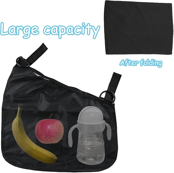 2 Pack Universal Side Sling Stroller Organizer with Mesh Cargo Net, Adjustable and Non-Slip Stroller Storage Bags, Portable Side Sling Stroller Cargo Net for Baby Accessories (Black)