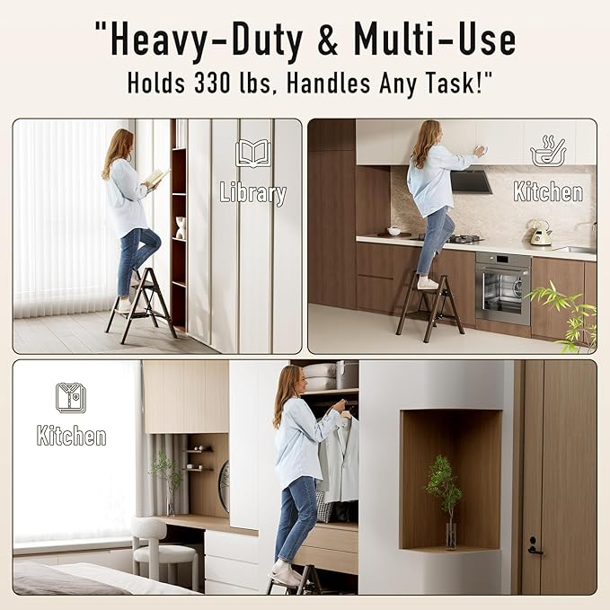 2 Step Ladder, Aluminum Folding Step Stool for Adults, Step Ladder with Wide Anti-Slip Pedal, 330 lbs Capacity for Home, Office, Kitchen, Library (Walnut)