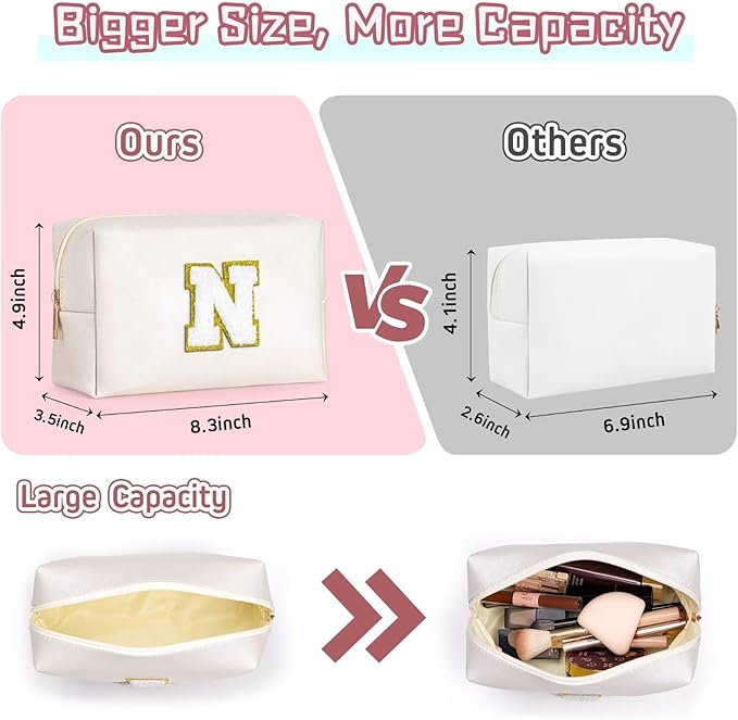 TOPEAST Preppy Small Makeup Bag, Chenille Letter Pouch Cosmetic Bag With Zipper, PU Leather Waterproof Toiletry Bag, Personalized Birthday Gift for Women, Cute Stuff for Girls (White D)