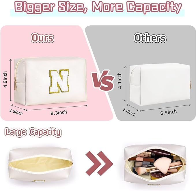 TOPEAST Travel Makeup Bag, Personalized Initial Toiletry Bag w Zipper, Cute Makeup Pouch, PU Leather Waterproof Cosmetic Bag, Birthday Gift for Daughter, Preppy Things for Girls (White G)