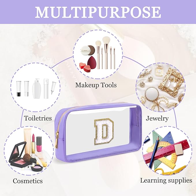 Small Clear Personalized Initial Makeup Bag,Nylon Preppy A-Z Chenille Letter Patch Cosmetic Pouch Beach Toiletry Bag,Waterproof Zip Travel Purse Storage Bag Organizer for Women Girls(Purple-White D)