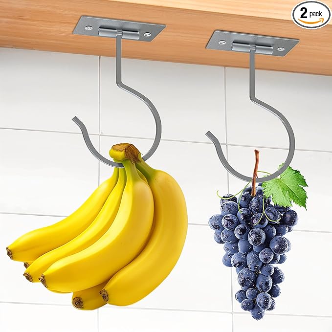 2PCS Self Adhesive Banana Hook Under Cabinet Foldable Banana Hanger Metal Under Counter Banana Hook to Keep Bananas Fresh Banana Holder for Kitchen RV Space Saving, Silver