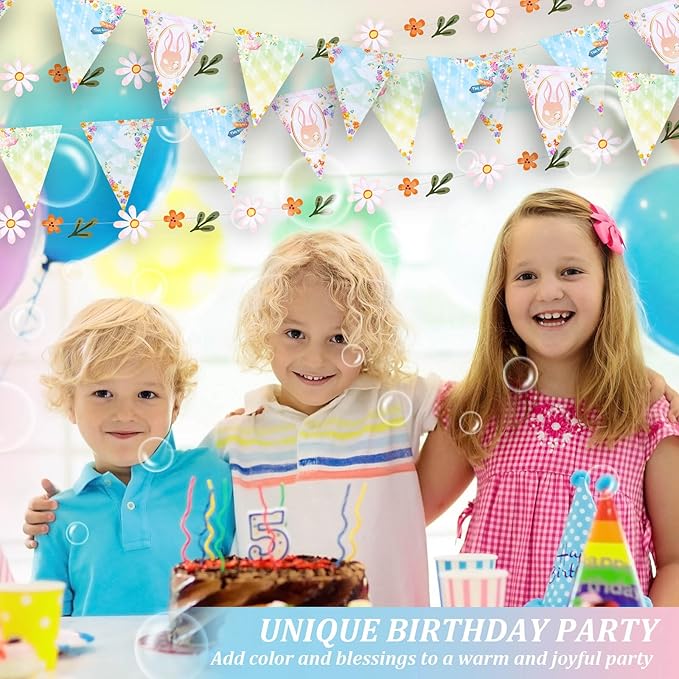 Dayker 3PCS Triangle Bunting Banner Garland, Spring Floral Flags Pennant Garlands, Reusable Paper Hanging Decorations, Carnival Theme Birthday Party Outdoor Events Decor Supplies