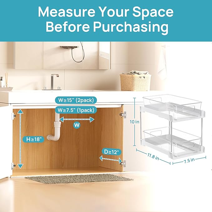 Vtopmart 4 Pack Bathroom Organizer, 2 Tier White Under Sink Organizers Vanity Countertop Storage Container, Cabinet Drawers Bins, Pull-Out Organization with Track for Pantry, Kitchen