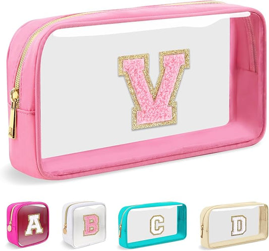 Small Clear Personalized Initial Makeup Bag, Preppy Nylon A-Z Chenille Letter Patch Makeup Organizer TSA Approved Travel Toiletry Bag,Waterproof Zip Beach Cosmetic Pouch Purse for Women(Pink-Pink V)