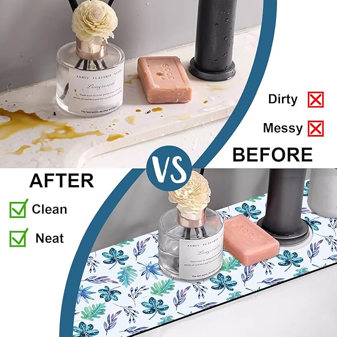 Watercolor Leaves Kitchen Sink Splash Guard Faucet Mat Tropical Leaves Super Absorbent Fast Drying Mat Sink Splash Guard Behind Faucet for Kitchen Bathroom, 23.5"x5.5"