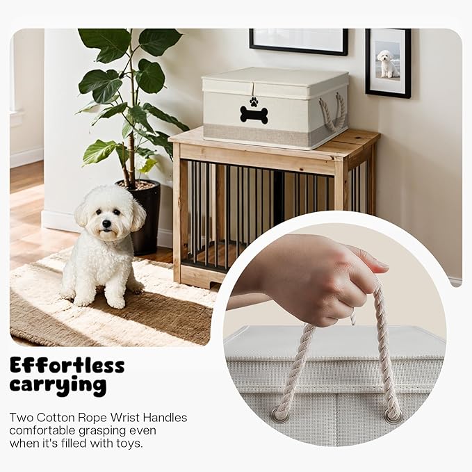 Dog Toy Basket with Double-Open Lid, Divided Dogs Basket for Toys, Collapsible Pet Toys Box, Dog Storage Organizer with 2 Divided Area, Puppy Toy Baskets with Rope Handles, Beige & Gray