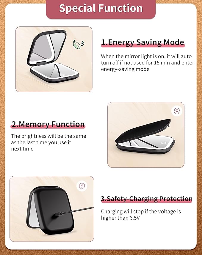 WOBSION Rechargeable 5X Magnification LED Travel Makeup Mirror,Dimmable Portable Compact Mirror for Pocket,Purses and Handbag,Gift,Black