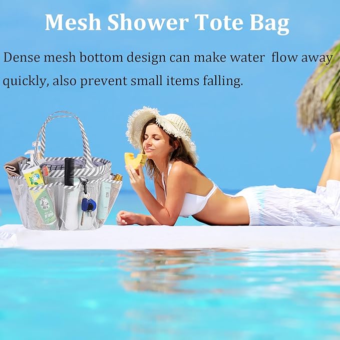 Haundry Mesh Shower Caddy Bag for College Dorm Room Essentials Portable Shower Caddy Tote with 8 Pockets for Beach, Swimming, Gym, Travel