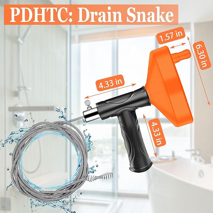 Drain Snake Auger Feet, Plumbing Snake Drain Hair Clog Removal Tool, Sink Unclogger Drain, Heavy Duty Drum Auger, Cleaner Tool for Bathroom Kitchen Tub Shower Drain Clog Remover with Gloves