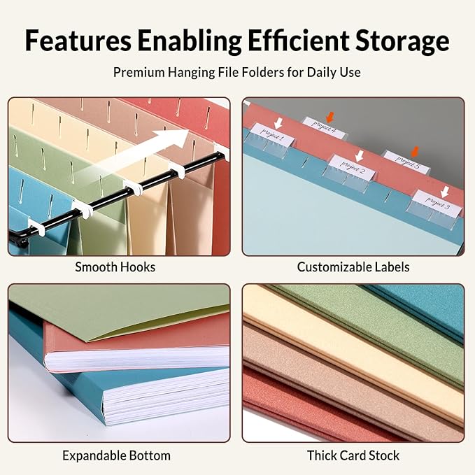 SUNEE Hanging File Folders, 50 Pack Letter Size Hanging File Folders with 1/5-cut Tabs, Stay Organized for Your Home and Office Bulk File, Documents and Paper,5 Retro Colors