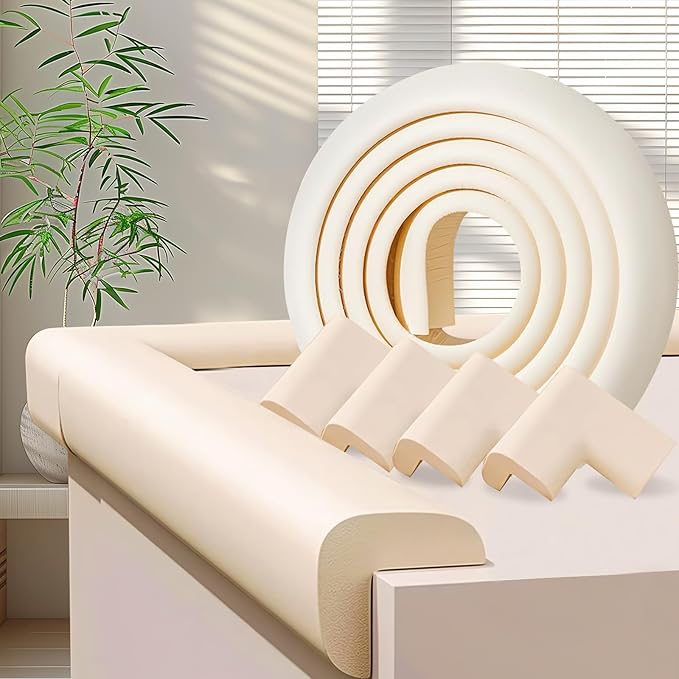 Baby Proofing Edge & Corner Protectors, 1 Roll White Foam L-Shape Self-Adhesive Bumper Strip + 4 Corner Guards, Wall & Furniture Safety Bumpers for Nursery, Kitchen, Fireplace, Table, Desk
