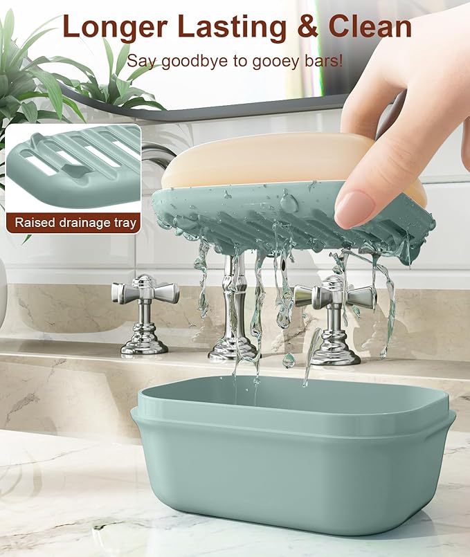 Quatish Leakproof Soap Dish with Lid & Draining Layer, Shatterproof Travel Bar Soap Holder Case Container, Portable Travel Size Toiletries Essentials for Camping, Gym, Bathroom, Greygreen