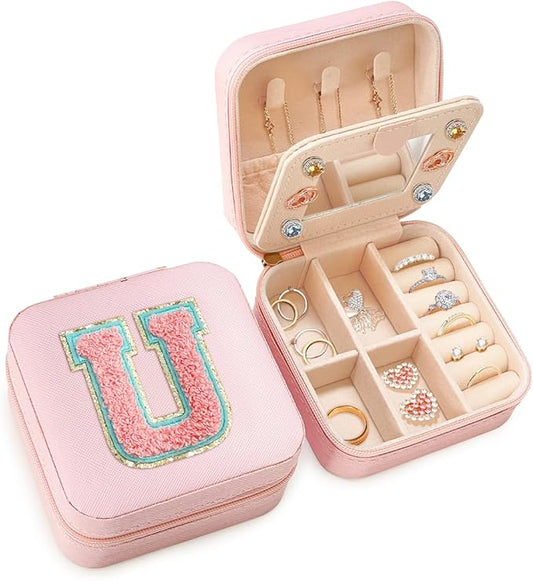 SANDJEST Personalized Jewelry Box, Pink Travel Jewelry Box with Initial U, Small Monogrammed Jewelry Case Organizer for Girls Women Teen Kids, Mini Travel Essentials Gifts for Birthday Christmas