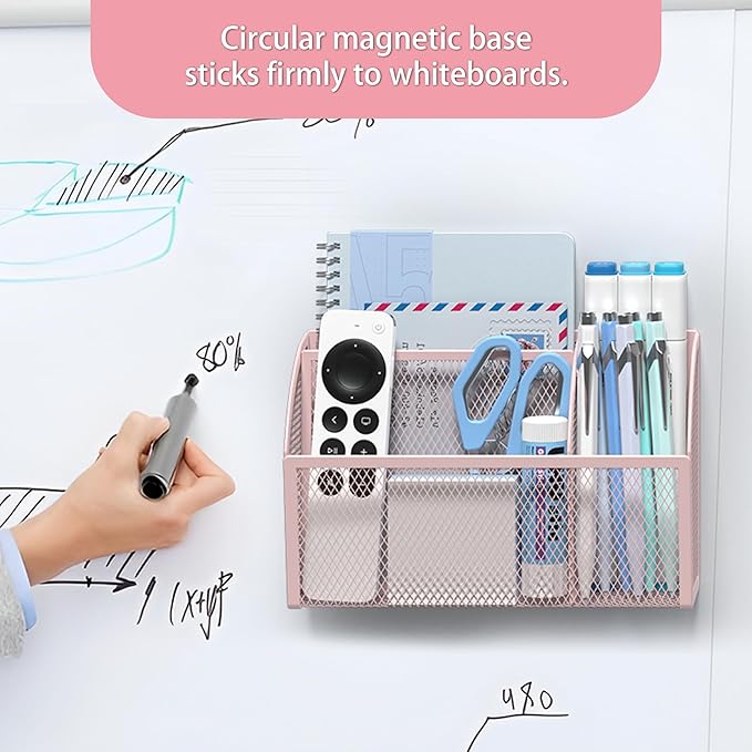 YINGHUA Strong Magnetic Pen Holder for Whiteboard and Refrigerator 3 Compartments Metal Mesh Organizer Space Saving Shelf for Office School Home and Locker - Pink