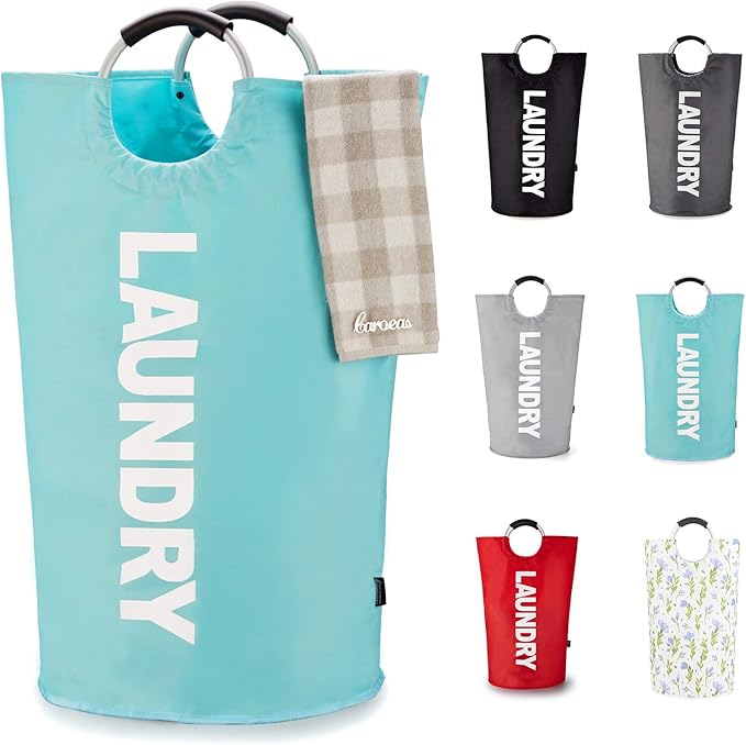 Caroeas 125L Laundry Basket, Large Laundry Hamper, Laundry Bag with Padded Handles, Clothes Hamper Stands Up Well, Collapsible Free Standing Easy Storage Washing Bin (Light Blue, 125L)