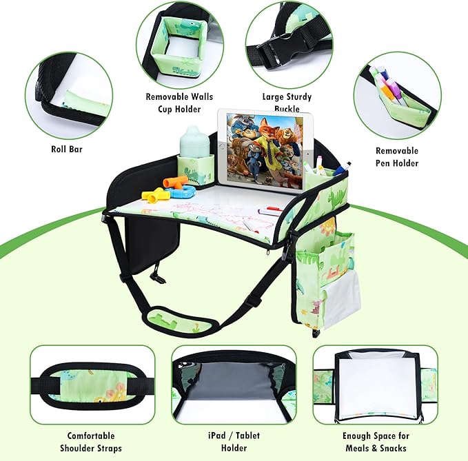 2PCS Kids Travel Tray, Car Seat Tray for kids Travel, Toddler Road Trip Essentials With Drawing Kit, Toddler Lap Desk Organizer for Car, Carseat Table for Airplane