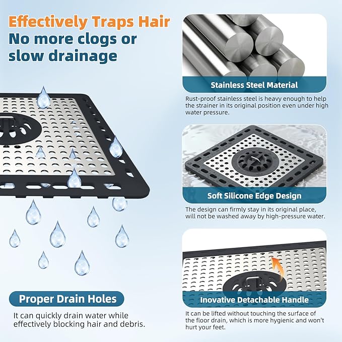 Hibbent Upgraded Shower Drain Hair Catcher, Shower Drain Cover for Bathroom Floor 6" Drain, Anti-Clogging Bathtub Drain Strainer, Stainless Steel Kitchen Sink Drain Strainer with Handle, Dark Grey