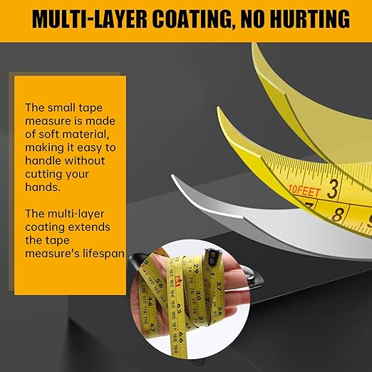 10FT Tape Measure, Small Retractable Measuring Tape, Mini Tape Measure with Metric/Inch, Dual Sided, Magnetic Hooks, Rubber + Stainless Steel Case, for Home, Construction & DIY (10ft)