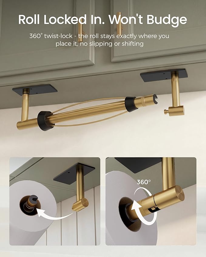 Paper Towel Holder Under Cabinet, Self Adhesive or Wall Mount Hanging Paper Towel Holder with Damping Effect, Single Hand Operable, Stainless Steel for Kitchen Bathroom (Black&Gold)