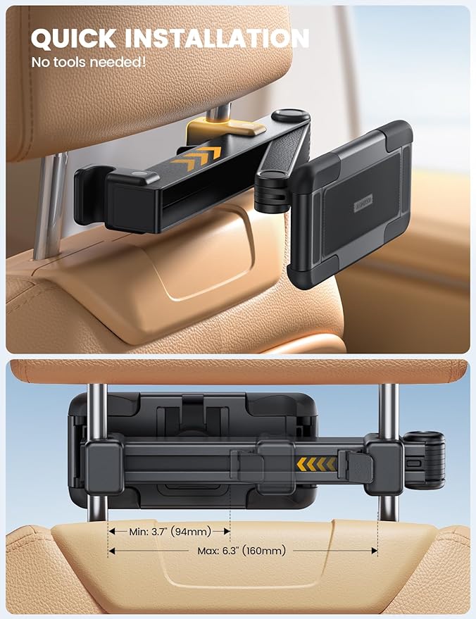 Aomiker Car Headrest iPad Holder - [Aluminium Lockable Arm] Universal Car Tablet Mount Backseat with Foldable Wide Clip, Road Trip Essentials for Kids, for iPad Pro, Air, Mini, Galaxy, 6.1-13” Device