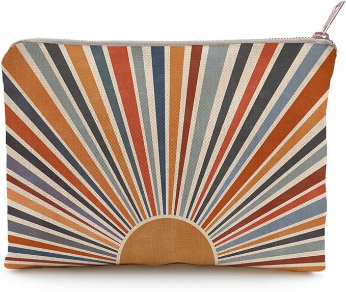 Sunshine Makeup Bag, Natural Linen, Zipper Pouch, Retro Makeup Bag, Tech Accessory Bag, Best Friend Gift, Art or Journaling Pouch, Gift For Her