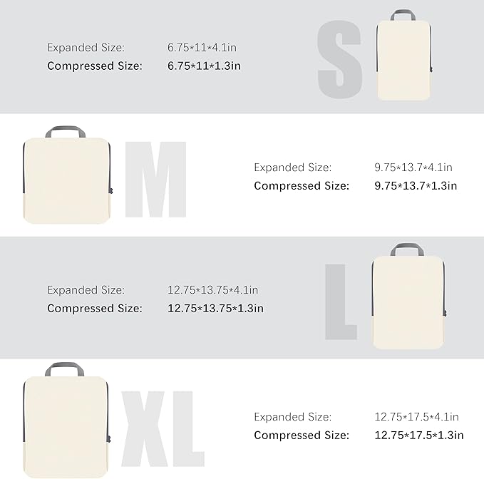 4 Set Compression Packing Cubes Travel - Travel Accessories Expandable Packing Organizers for Carry On - Essentials Luggage Bags - Beige