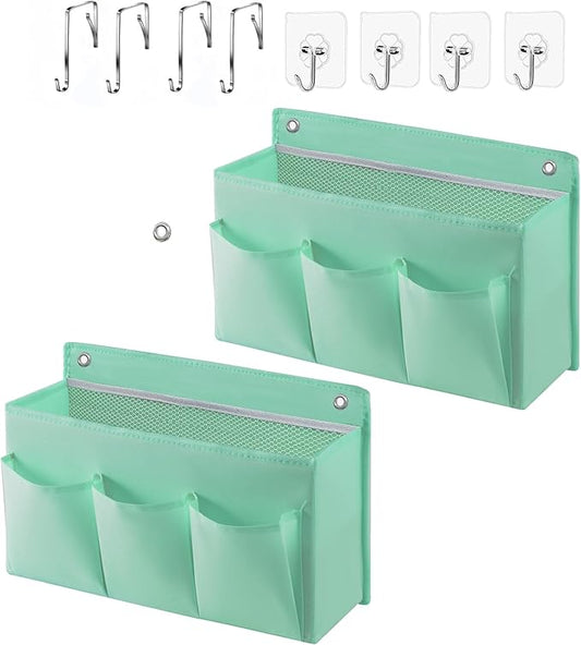 2-Pack Hanging Storage Baskets - Wall Organizer with 3 Pockets for Home/Dorm/Closet/Door, Multi-Purpose Space Saver for Office/Bathroom/Nursery - Foldable Fabric Organizer (Green)