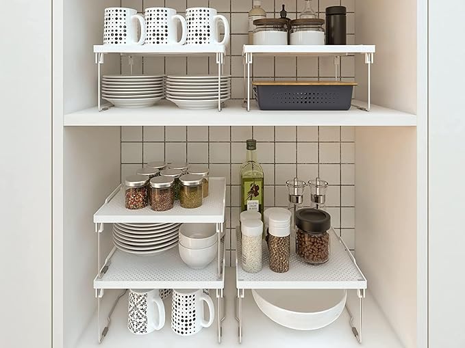 ums Kitchen Shelves Cabinet Organizer, Stackable Freezer Rack, Cupboard Box Organizer, Shelf Riser, Usable Storage Rack for Spice, Fridge Shelf Riser, (12x11 inch), Pack of 2
