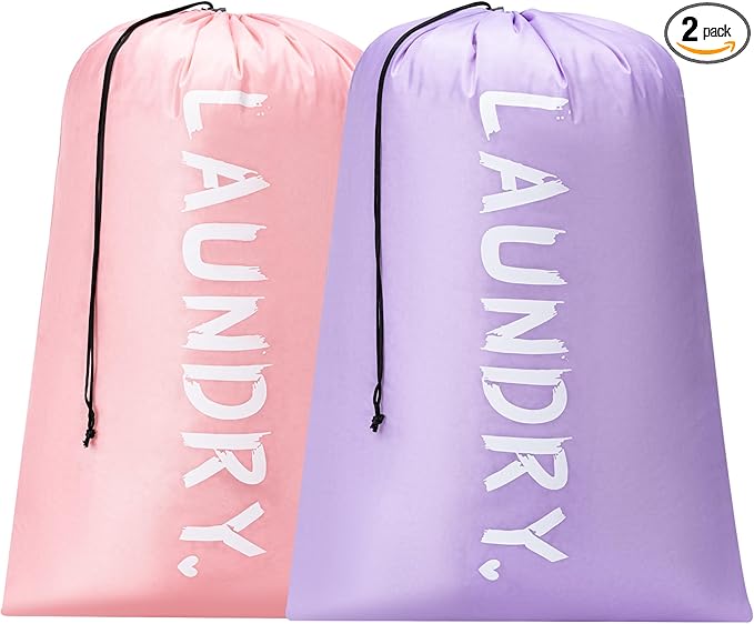 2 Pack 28" x 40" Travel Laundry Bag, Machine Washable Dirty Clothes Organizer with Drawstring, Large Enough to Hold 4 Loads of Laundry, Easy Fit a Laundry Hamper or Basket Travel Essentials