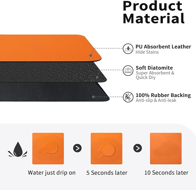 HotLive Dish Drying Mat for Kitchen Counter, Heat Resistant Drainer Mats with Non-slip Rubber Backed, Hide Stain Kitchen Super Absorbent Draining Mat, Easy to Clean Dish Rack Pad, Orange 16"x20"