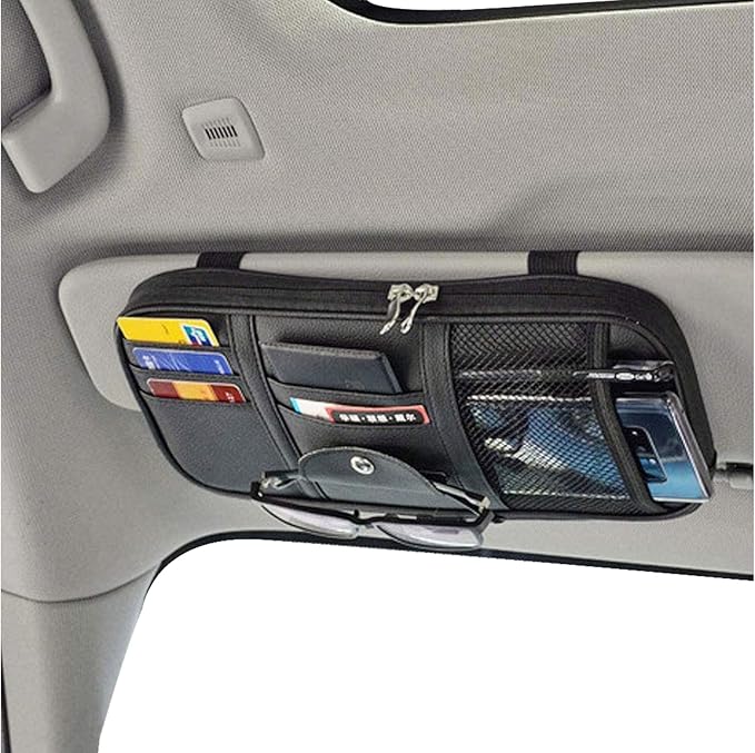 Da by Car Sun Visor Organizer, Multi-Pocket Visor Organizer Storage Pouch for Cars, SUVs & Trucks with Double Zippers, Elastic Bands & Glasses Clip - Organizes Essentials Keep Tidy (Black)