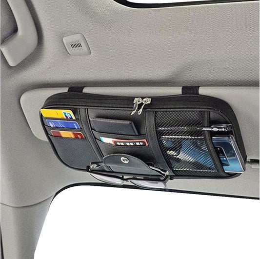 Da by Car Sun Visor Organizer, Multi-Pocket Visor Organizer Storage Pouch for Cars, SUVs & Trucks with Double Zippers, Elastic Bands & Glasses Clip - Organizes Essentials Keep Tidy (Black)