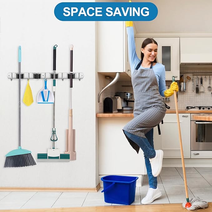 IMILLET Broom Holder Wall Mounted, Stainless Steel Broom Mop Holder Self Adhesive Heavy Duty Hooks Storage Organizer for Home Laundry Room Garden Garage Closet Kitchen 1 Pack（4 Racks with 5 Hooks）