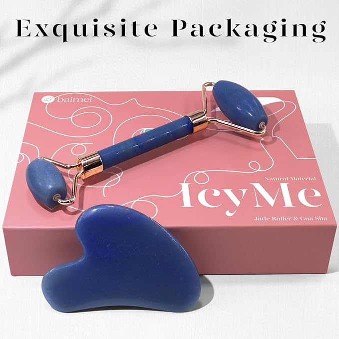 BAIMEI IcyMe Jade Face Roller & Gua Sha, Facial Beauty Roller Skin Care Tools, Self Care Gift for Men Women, Massager for Face, Eyes, Neck, Relieve Fine Lines and Wrinkles - Blue
