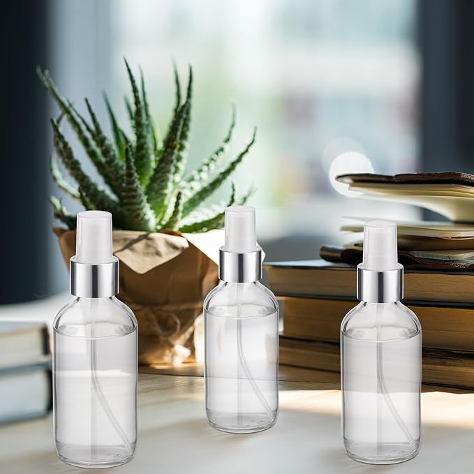 Fumete 2 Pack Glass Bottles 4oz Empty Refillable Liquid Containers with 1 Label 1 Funnel for Essential Oils Hair Travel Plants Cleaning Skin Care(Clear, Silver Top,Mist Bottle)