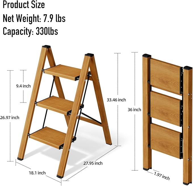 3 Step Ladder, Aluminum Folding Step Stool for Adults, Step Ladder with Wide Anti-Slip Pedal, 330 lbs Capacity for Home, Office, Kitchen, Library (Woodgrain)