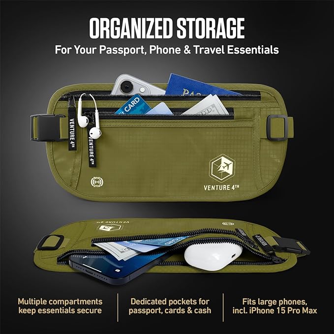 VENTURE 4TH Travel Money Belt – Hidden Under-Clothes RFID Blocking Passport Holder & Slim Travel Wallet Pouch for Men & Women to Protect Cash, Cards & Documents (Green)