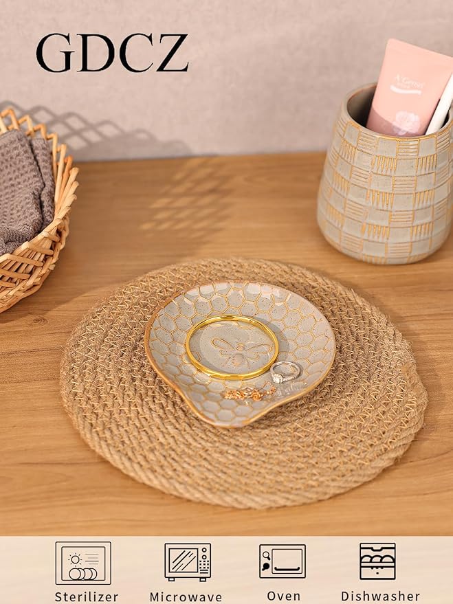GDCZ Ceramic Jewelry Tray, 5.3" Decorative Dish, Personalized Jewelry Trays with Pattern, Gifts for Friends, Sisters and Women, Set of 2 (Grey)