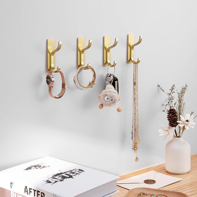 niffgaff Wall Hooks for Coat and Towel: 13lb Adhesive Door Hanger Stick On, Sticky Hook for Wall, Closet, Bathroom - Stainless Steel, Brushed Gold, 6 Pack