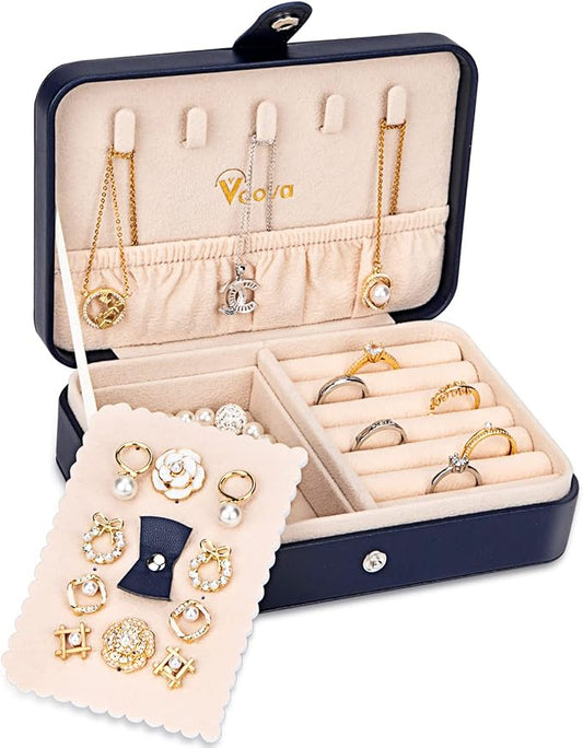 Voova Small Jewelry Organizer Box, Travel Jewelry Case for Women Teen Girls, Mini PU Leather Portable Jewellery Storage Boxes Holder with Smart Earrings Plate for Necklaces Rings Bracelets, Blue