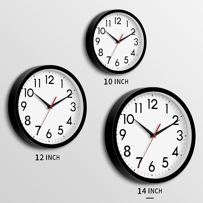 14 Inch Wall Clock, Large, Battery Operated, Silent, Non-Ticking, Analog, Decorative for Living Room, Office, Kitchen, Outdoor, Classroom, Bedroom, Bathroom, School (Black)