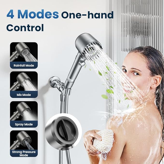 JOMST Filtered Shower Head with Handheld,High Pressure Shower Head 4 Spray Modes,ShowerHead with ON/OFF Switch for Pets,Built-in Power Wash to Clean Tub,Shower Heads Combo with Stainless Steel Hose
