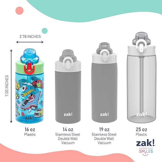 Zak Designs Mattel Hot Wheels Sage Kids Water Bottle For School or Travel, 16oz Durable Plastic Water Bottle With Straw, Handle, and Leak-Proof, Pop-Up Spout Cover (Hot Wheels)