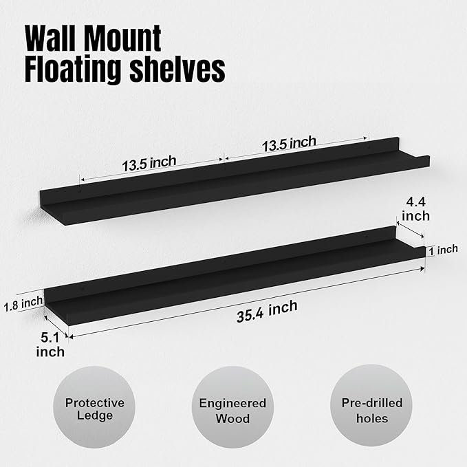 35.4 Inches Long Floating Shelves Wall Mounted, 2 Set Modern Black Wall Shelf for Bedroom, Nursery Book Shelf with Lip, Picture Ledge Shelf for Decor Living Room Bathroom Kitchen - Black