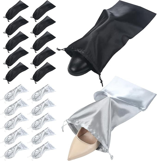 Patelai 20 Pcs Satin Shoe Bags for Travel Reusable Shoe Bag with Drawstring for Packing in Suitcase Protecting Single Pouch Travel Dust Bags Storage Men Women, Black, Grey